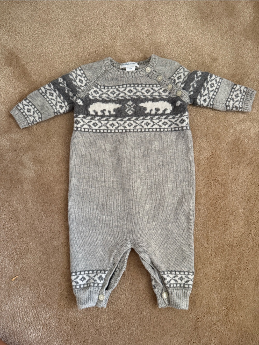 Ralph Lauren Gray and White Nordic Bear Knit One-Piece